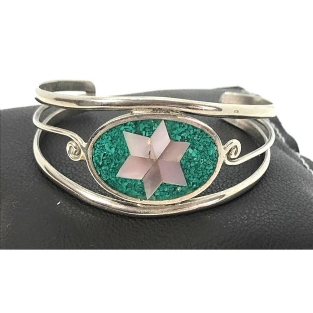 Mexican Alpaca Silver Mother of Pearl/Abalone‎ Star David Cuff Bracelet